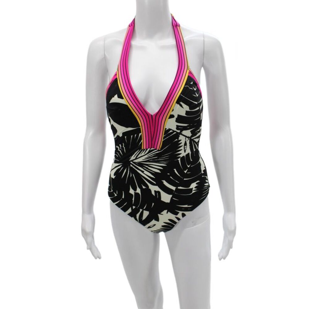 Trina Turk Women One Piece Striped Black Swimsuit Tropical Nylon Size 6